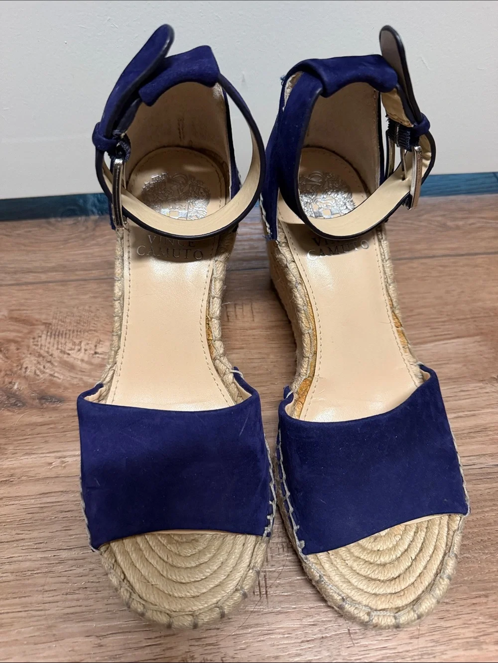 Vince Camuto Navy Suede Espadrille Wedge Sandals with Ankle Strap